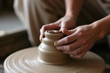 Potter's wheel with spinning clay being shaped by hands